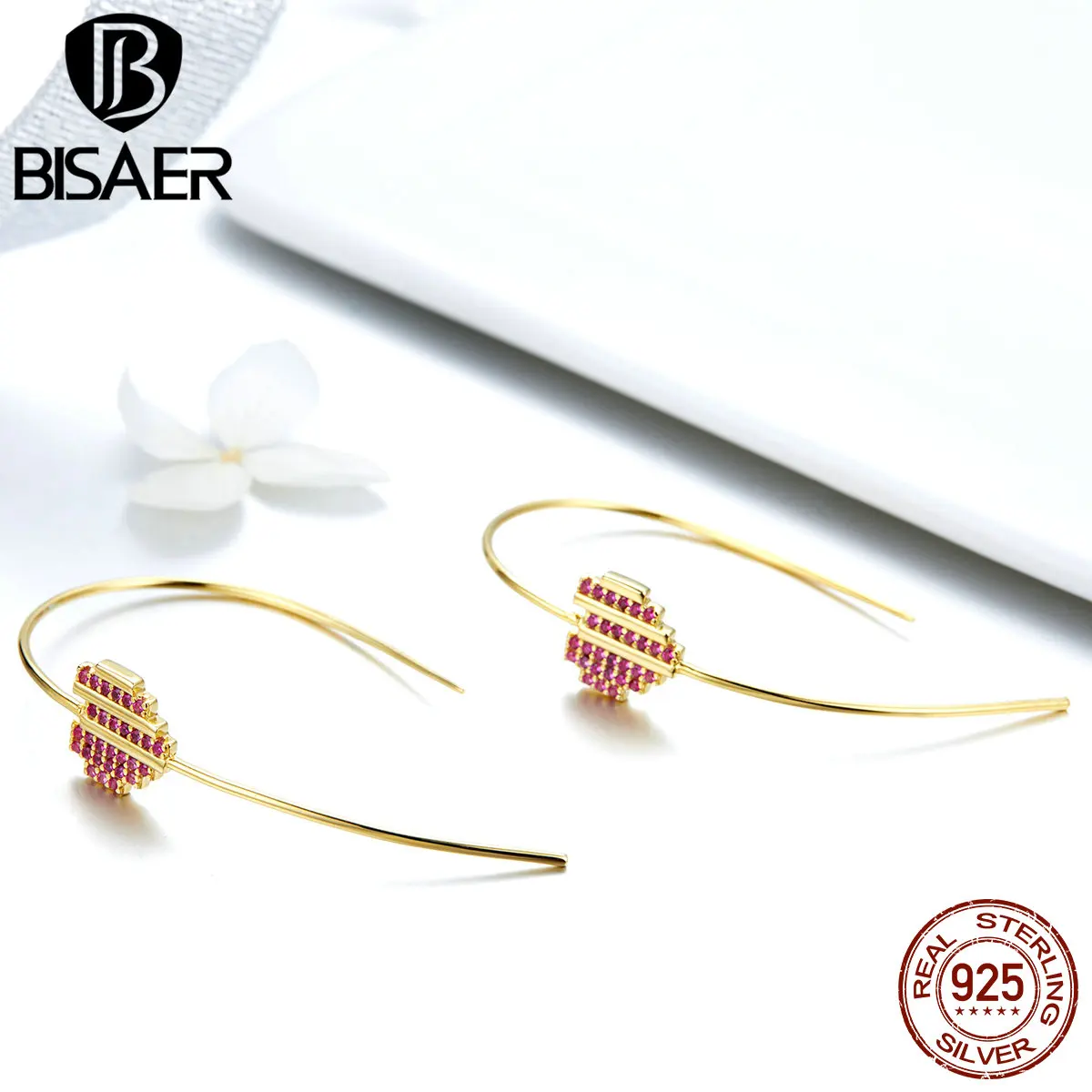

BISAER Heart Earrings 925 Sterling Silver Pink Love Heart Drop Earrings for Women Simple Fashion Earrings Jewelry EFE029