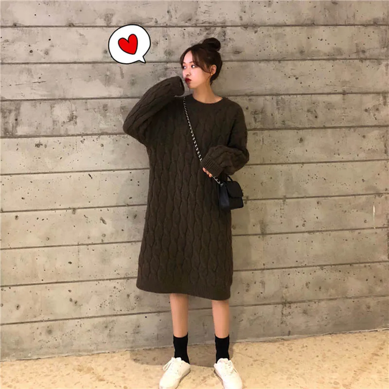 OLN Women's Sweater Skirt Loose Long Thick Twist Pullovers Over The Knee Sweater Skirt The Bottom Knitted Wool Dress Winter 1287