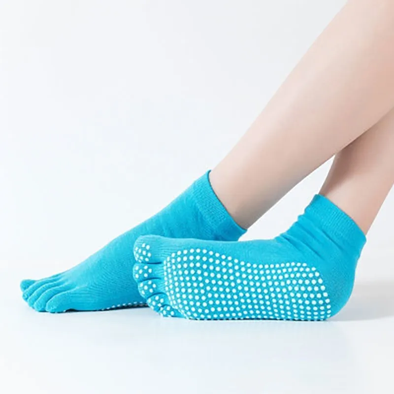 Reallion, женские нескользящие носки для йоги, для фитнеса, пилатеса, спортзала, пять пальцев, спортивные носки, хлопковые цветные эластичные зимние носки - Цвет: Blue