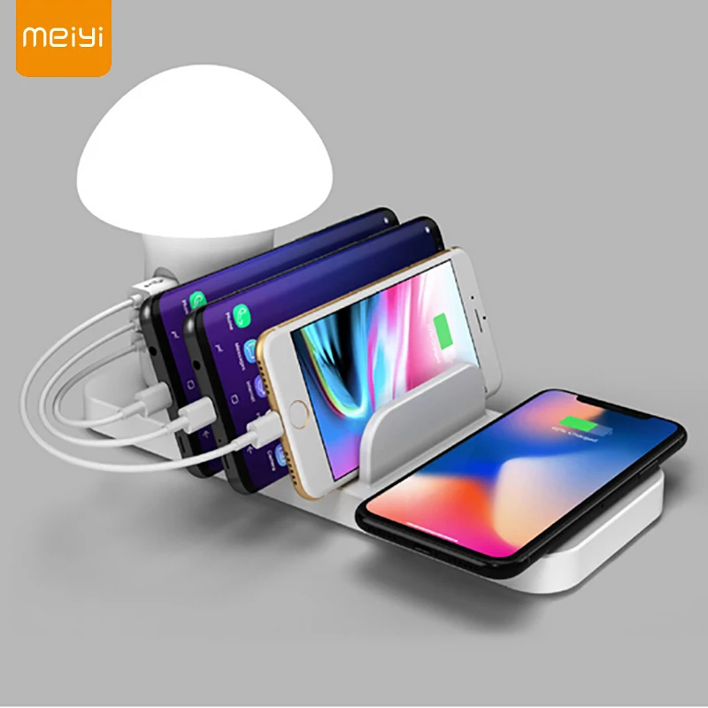 

MEIYI Wireless Charger QC3.0 Quick Charger Multiple USB Phone Charger Mushrom Night Lamp Charging Station Dock For iphone X XS