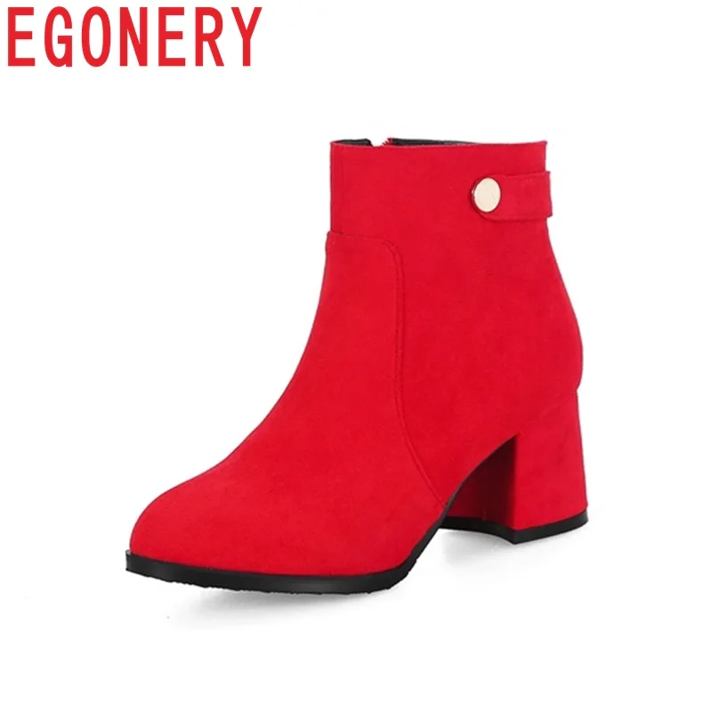 

EGONERY woman shoes 2018 newset casual date ankle boots women side zipper round toe high heels ladies big size booties 33-43