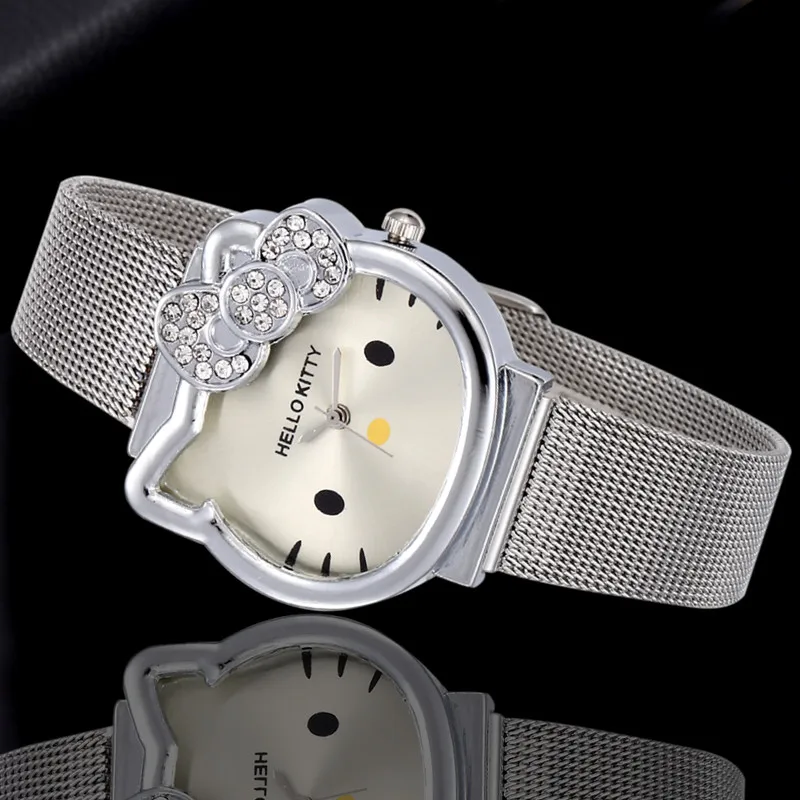 

Gold Silver Watch Crystal Ladies Fashion Casual Leather Strap Watch Hello Kitty Cat Quartz Bracelet Wrist Watch Relogio Feminino