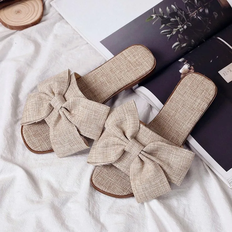 

Women's Summer Cloth Bow Slippers Fashion Beach Flat Slippers Flip Flops Non-slip Female Round Toe Beach Slippers chanclas mujer