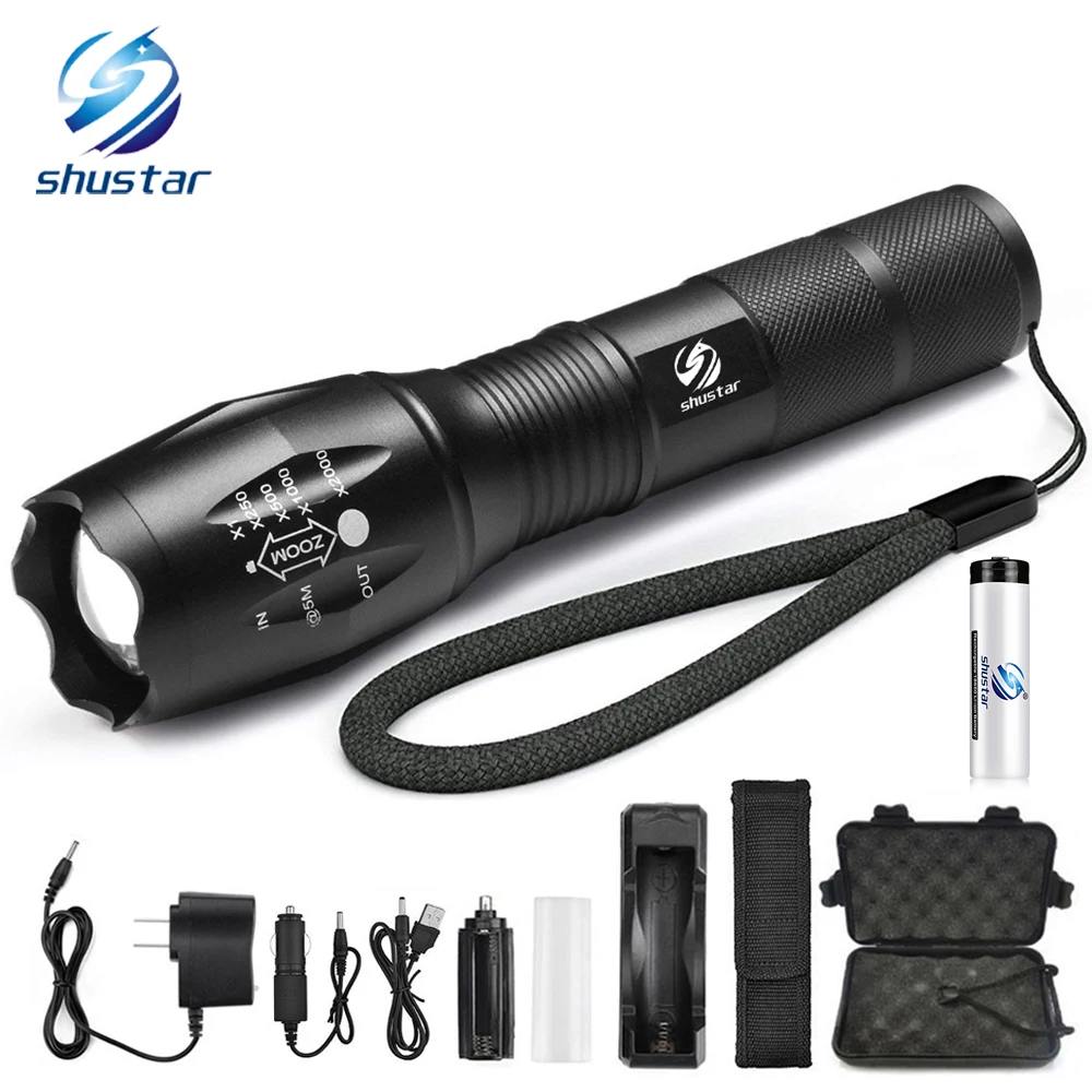 

Ultra Bright LED Flashlight 8000 lumens T6/L2/V6 torch Zoomable 5 modes flashlight + 18650 battery + charger + Free gift
