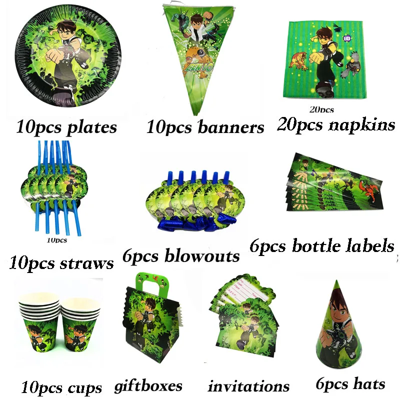 

Ben 10 theme party decorations baby shower party supplies Ben 10 theme plates cups napkins Ben 10 theme banners blowouts