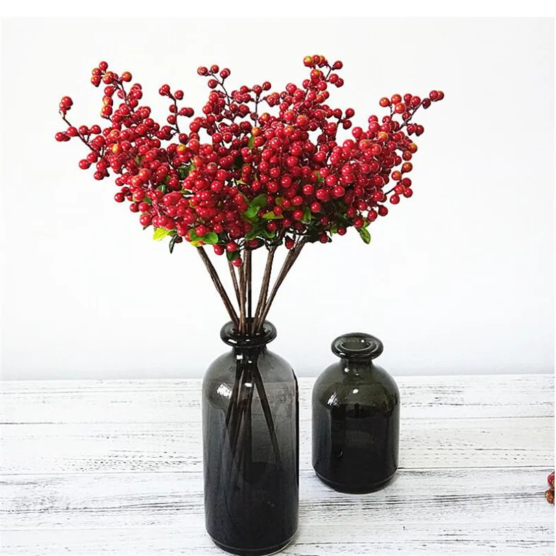 

6pcs artificial blueberry fruit tree stem with fruit fake tree branches for bridal bouquet green wall decoration