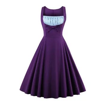 New Summer Dress Plus size Dress for Women Purple Bow Sleeveless Vintage Dress Rockabilly Retro Dresses Feminino Swing Vestidos