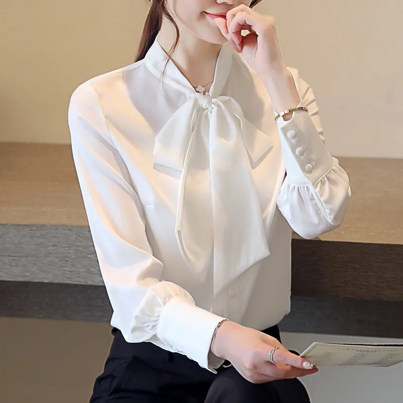 Женская атласная блузка на пуговицах с длинным рукавом белого и коричневого цвета со стоячим галстуком-бабочкой на шнуровке для девушек, офисная работа, элегантные женские атласные блузки, рубашки