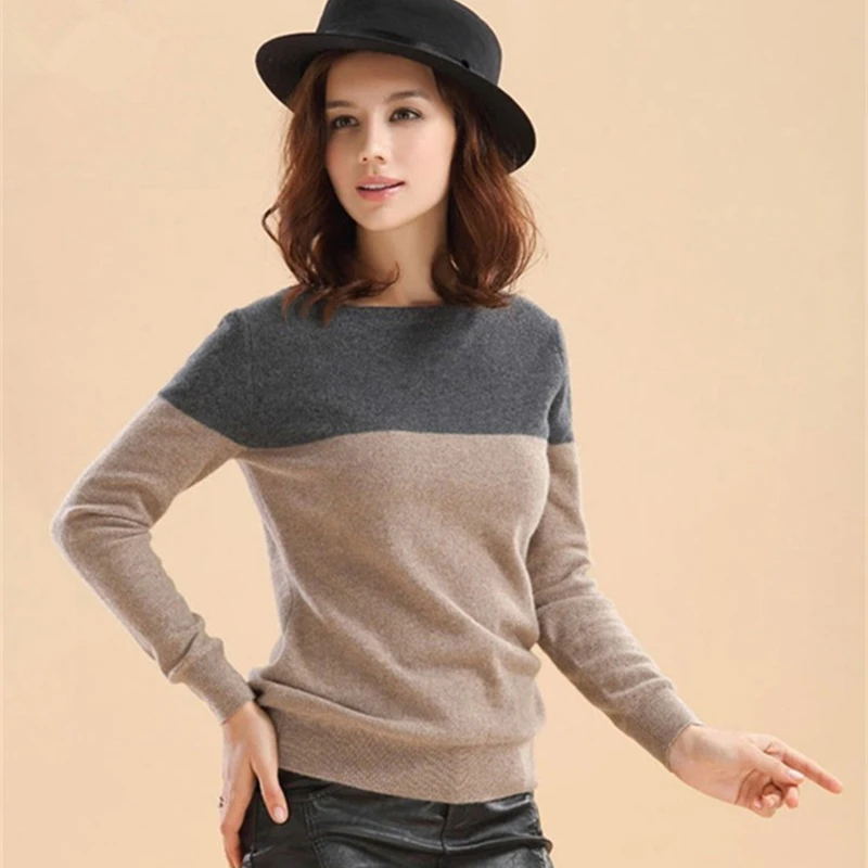 

2019 New fashion Women's cashmere sweater female contrast color long sleeve shirt round neck knitted wool sweater Free Shipping