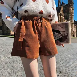 NORMOV 2019 осенне-зимние винтажные вельветовые шорты женские с высокой талией с поясом широкие шорты женские модные повседневные плотные шорты