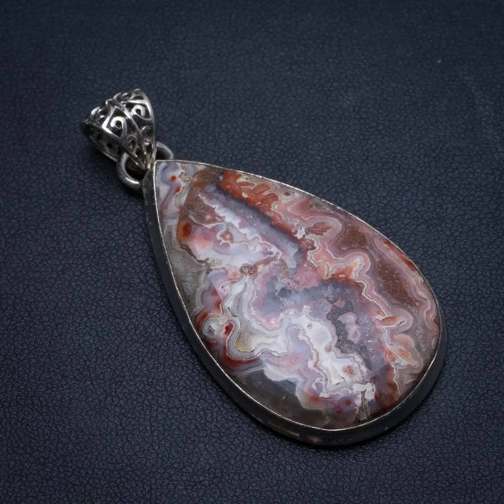 

Natural Crazy Lace Agate Handmade Boho 925 Sterling Silver Pendant 2 1/4" U0009
