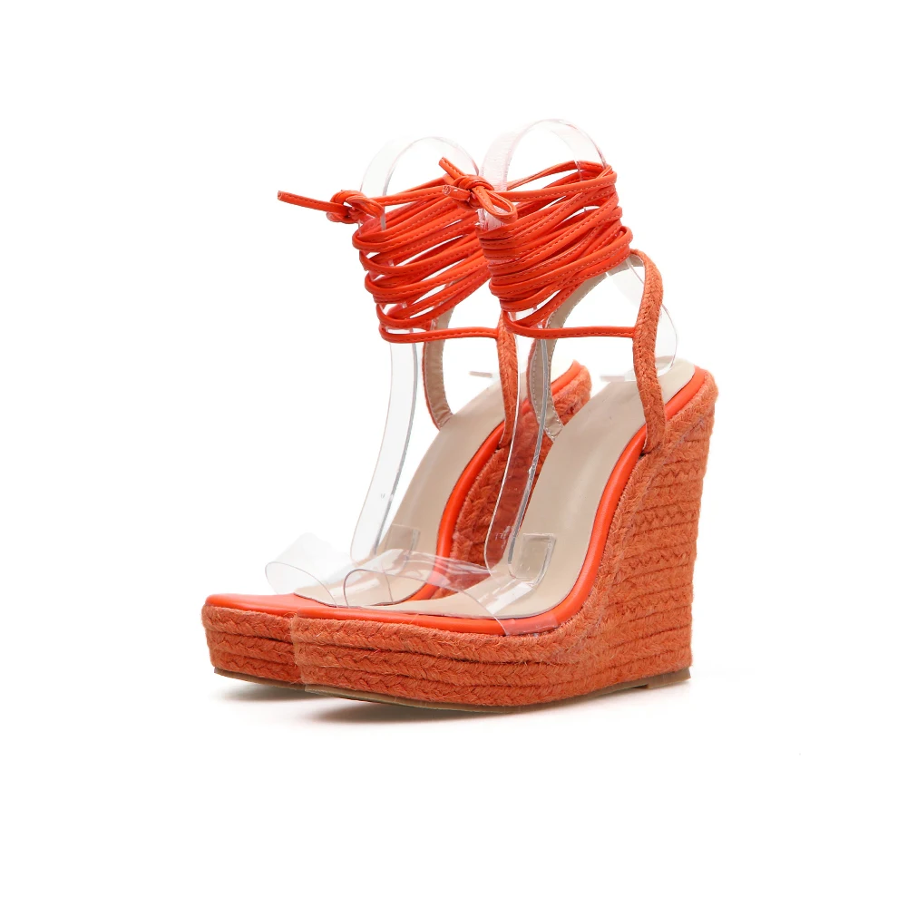 Aneikeh/ г. Новинка, сандалии из ПВХ женские прозрачные пикантные туфли на танкетке, на высоком каблуке, вечерние летние туфли на шнуровке обувь на платформе, розового и оранжевого цвета, размеры 35-42