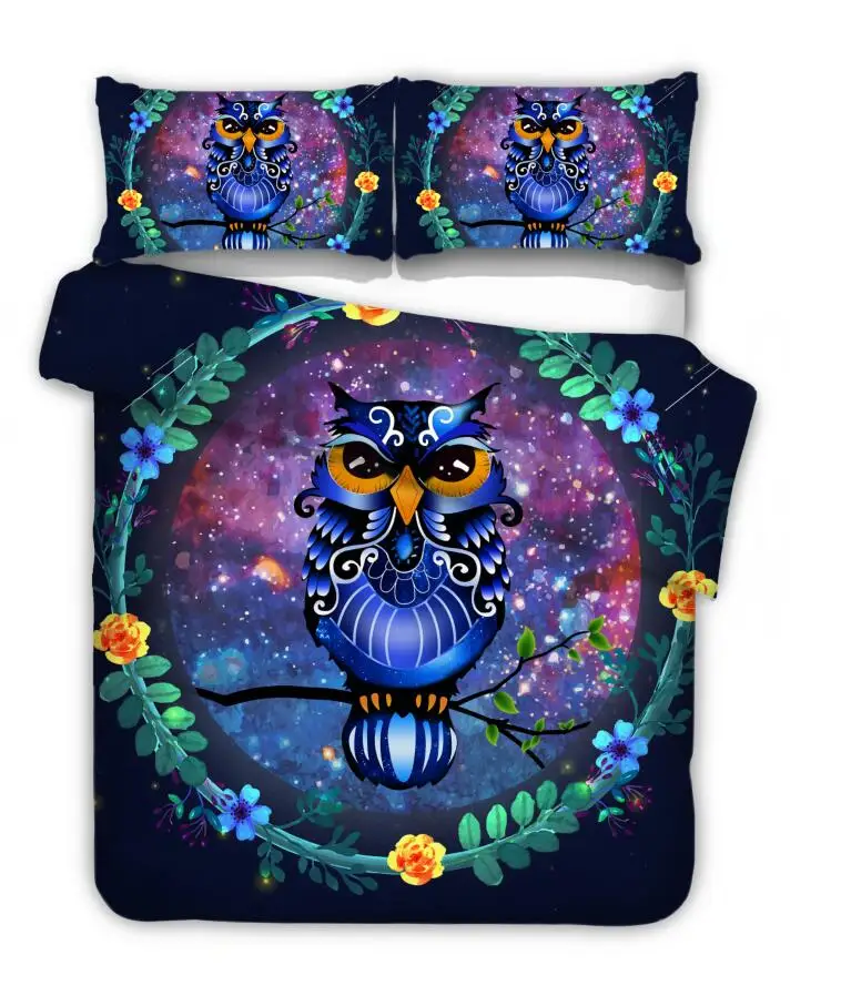 Комплект постельного белья с рисунком совы, цветочный пододеяльник, постельное белье