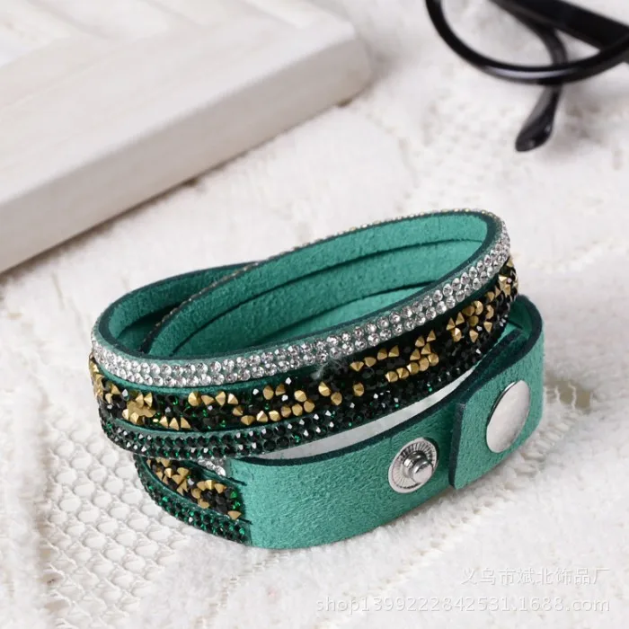 

Fashion Jewelry Women Unisex long 12 Layers Multilayer Leather Rhinestone Crystal Bracelet Snaps Buttons Black Blue Bracelets