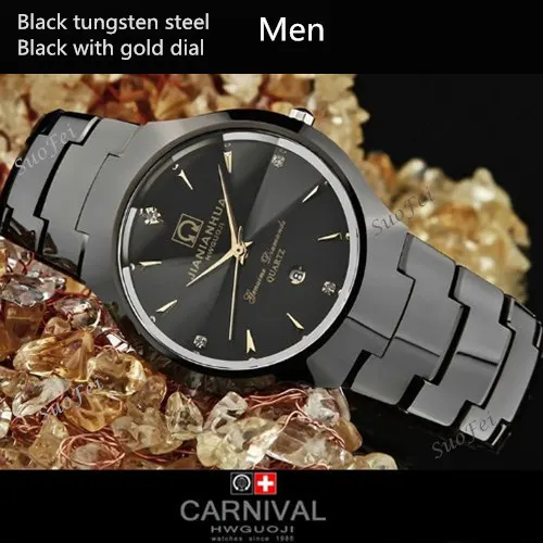 Модные вольфрамовые стальные Мужские Женские кварцевые часы известного бренда винтажные Стразы сапфировые водонепроницаемые женские часы для влюбленных - Цвет: Black gold men