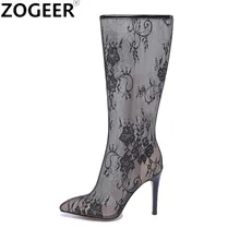 Новые модные женские сапоги до колена размера плюс 48 пикантные сетчатые сапоги на высоком каблуке, на молнии, с кружевом красивые летние сапоги дышащая женская обувь