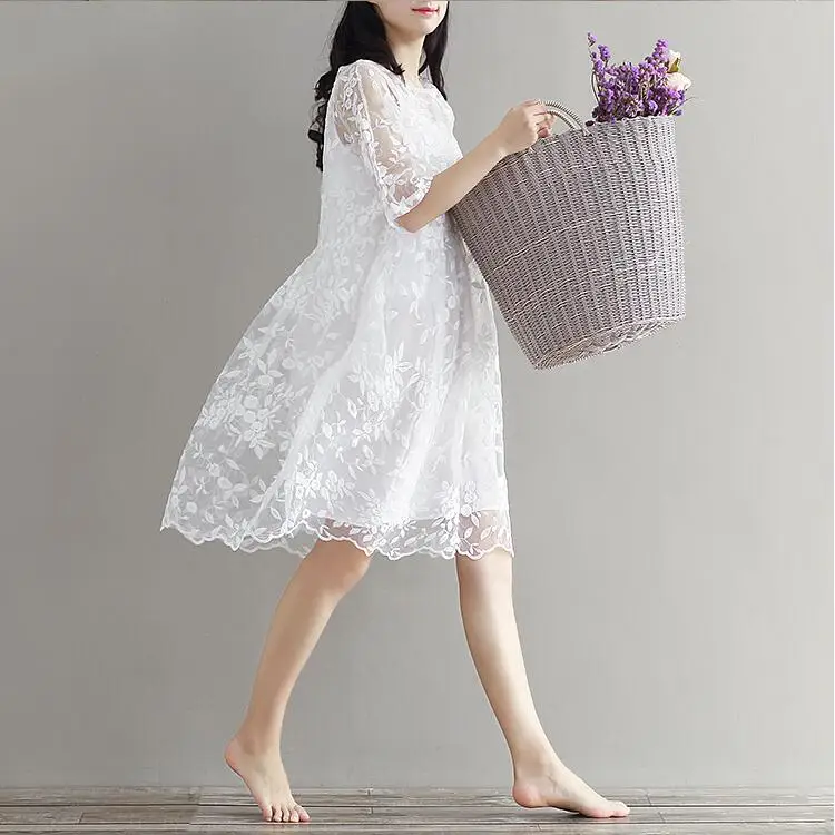 JOYINPARTY шифоновое платье белого цвета с высокой талией и вышивкой кружевные женские платья Половина Платье с круглым вырезом из двух частей XL