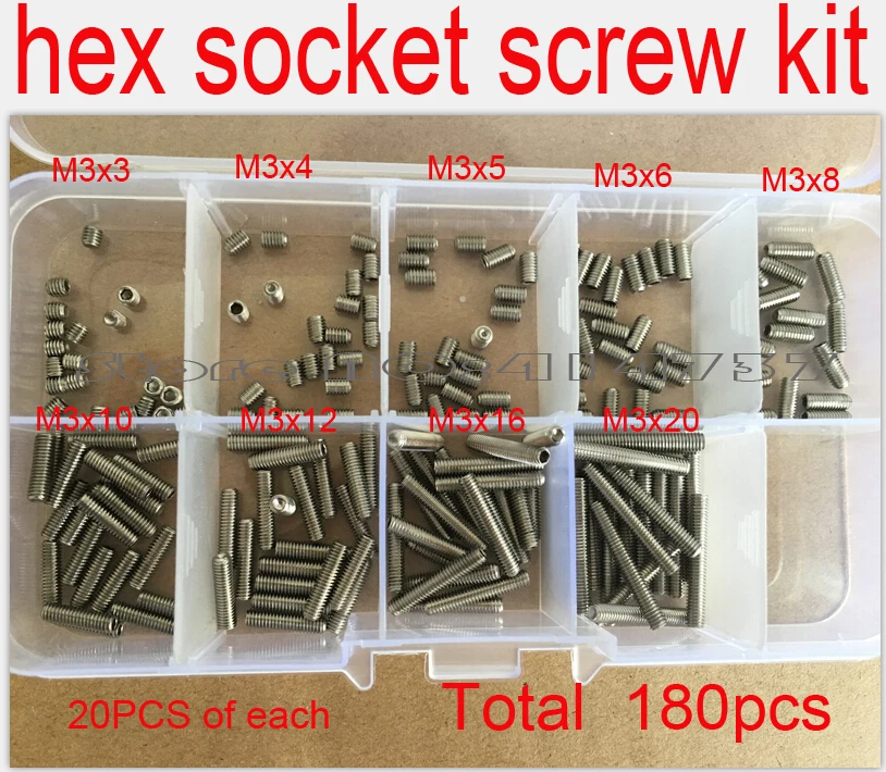 180PCS din916 M3 hex socket set screw kit stainless steel set screw kit