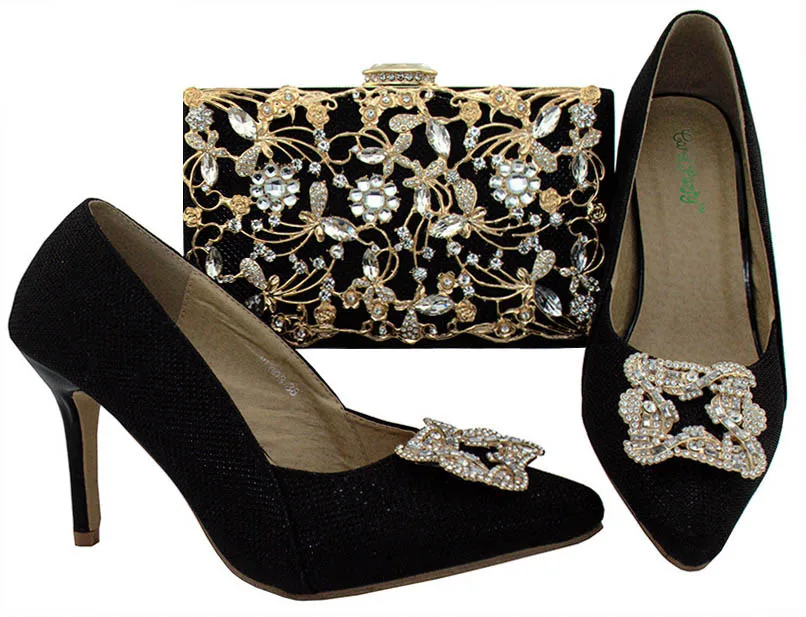 

Shoes and Bag Set African Sets 2018 New Arrival Black Color Shoes and Bag Set Decorated with Rhinestone Nigerian Shoes and Bag