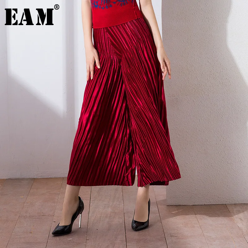 

[EAM] 2019 New Spring High Elastic Waist Black Pleated Loose Wide Leg Long Pants Women Trousers Fashion Tide JG933