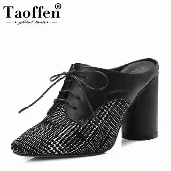 

TAOFFEN Size 33-40 Women Real Leather High Heel Mules Shoes Square Toe Lace Up Round Heels Pumps Club Shoes Women Footwear