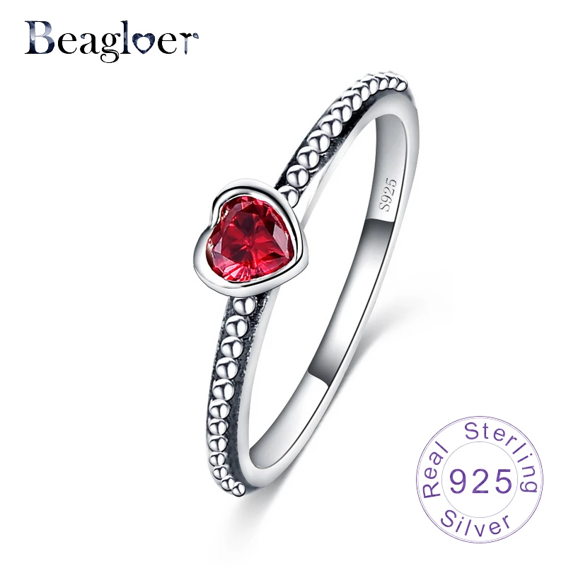 

Beagloer Romantic Love Heart Finger Rings 100% 925 Sterling Silver Ring for Famale Wedding Jewelry Red White Pink SRI0024