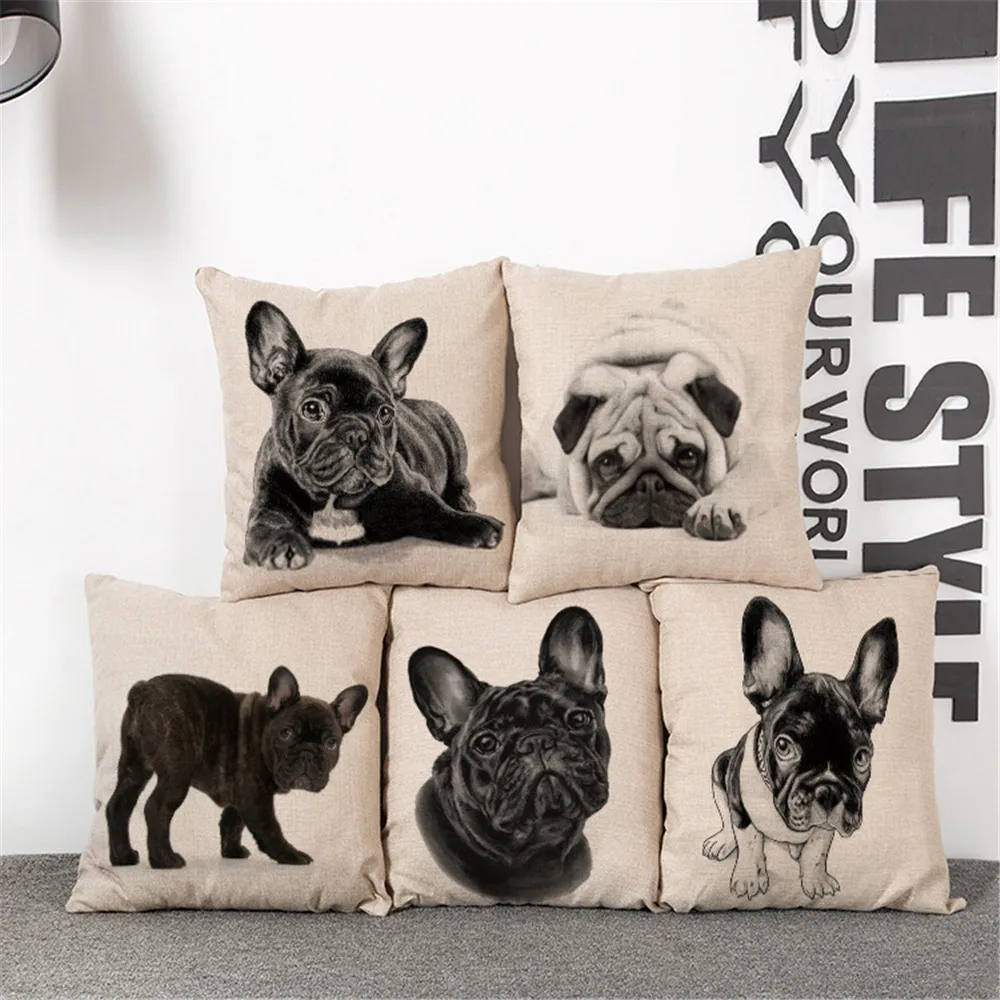 

Decorative throw pillow cover case animals dog black and white cotton linen cushion cover for sofa home decor capa almofadas