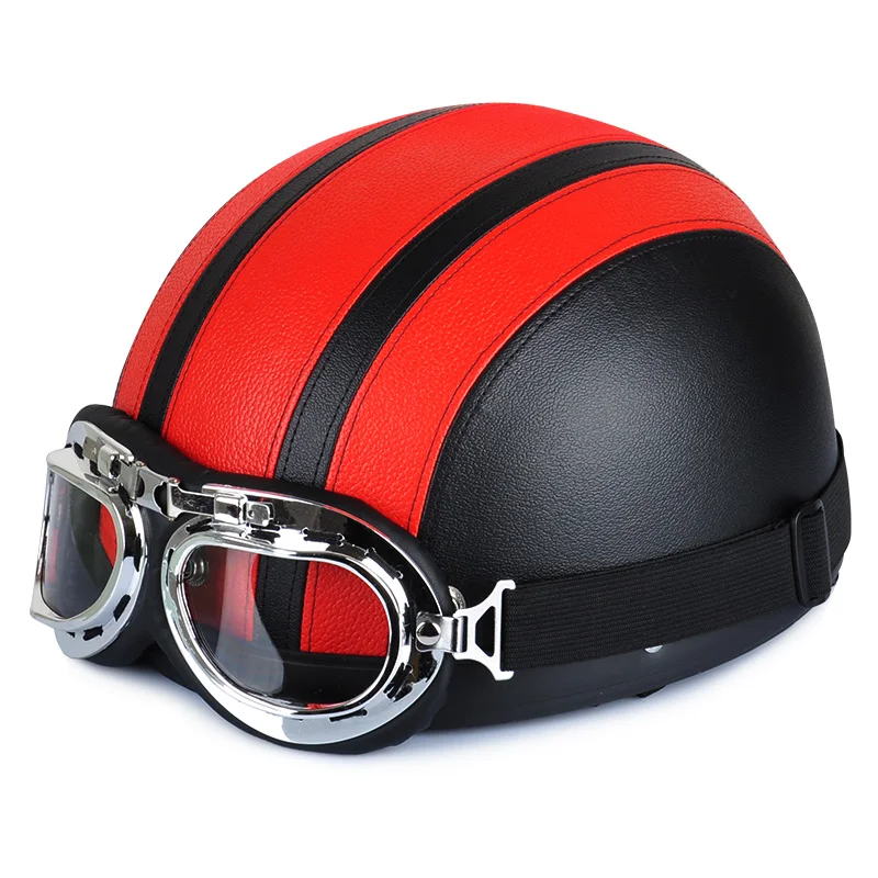 

New Fashion Red Synthetic Leather Motorcycle Vintage Style Touring Motor Scooter Riding Open Face Half Helmets & Goggles & Visor
