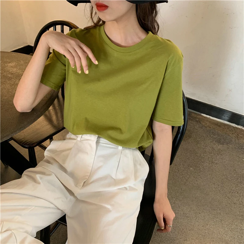 

2019 sets loose round collar solid-colored coat brim render unlined upper garment of a T-shirt with short sleeves