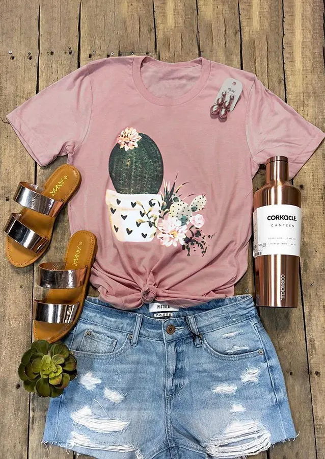 Fashion Summer Women Pink O-Neck T-Shirt Short Sleeve Cactus Floral Print Female t shirt 2018 Casual Femme Ladies Tops Tee Fashion Summer Women Pink O-Neck T-Shirt Short Sleeve Cactus Floral Print Female t shirt 2018 Casual Femme Ladies Tops Tee
