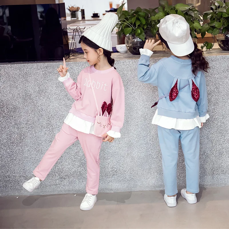 

Two-piece Suit with Hooded Rabbit Ears Sports Sweater Set of Long-sleeved Letters for Girls