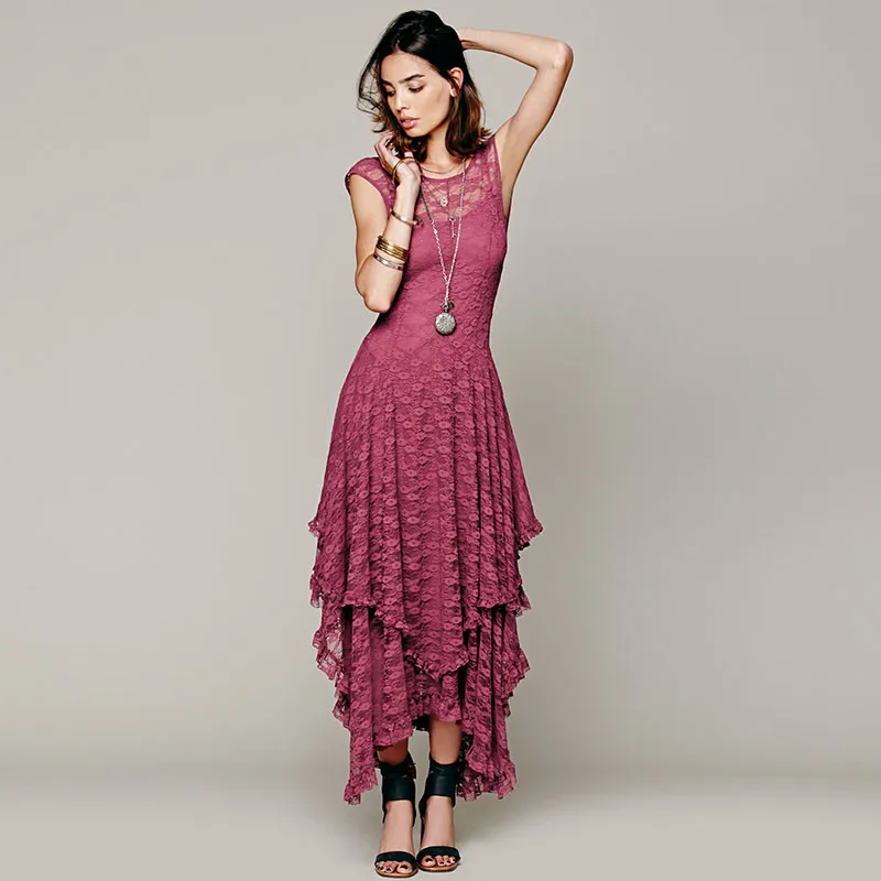 Ahmagen Sexy Irregular Lace Dress Women Hollow Out Elegant Party Dresses Backless Pleated Long Maxi Skater Dress Summer Beach Wear 201707