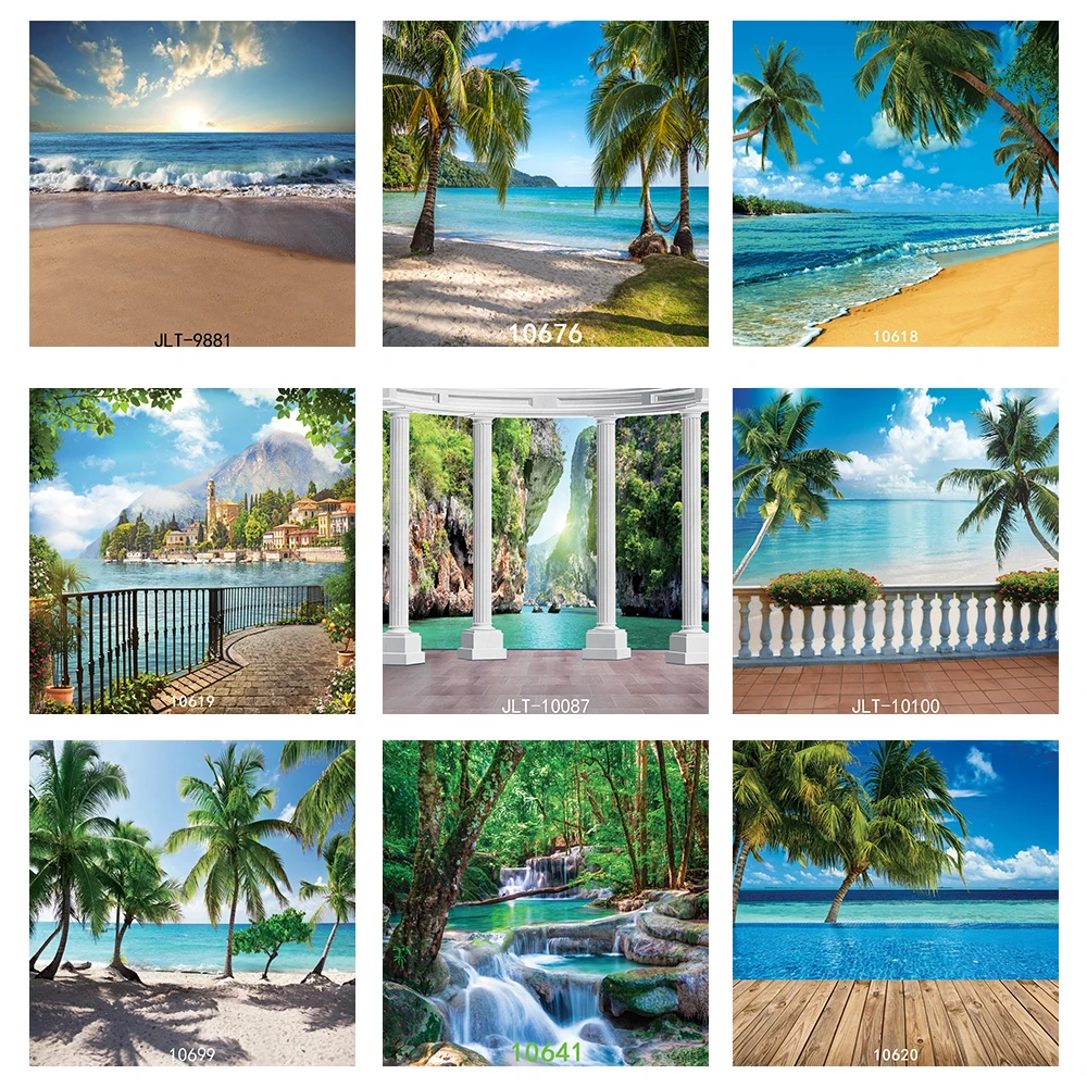 

8X8ft Custom Vinyl Cloth Photography Backdrops Sea Beach Palm Tree Holiday Backdrop for Photo Studio Background Photo Shooting