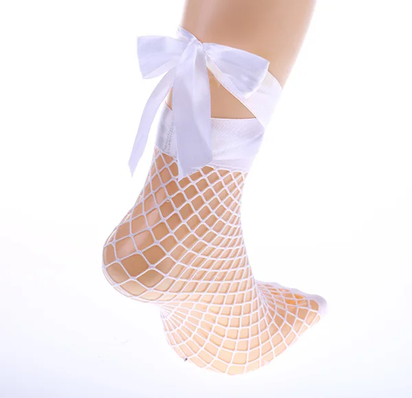 UNIKIWI/женские сетчатые Носки ярких цветов в стиле Харадзюку С фиолетовой лентой и бантом на шнуровке. Женские пикантные сетчатые носки с вырезами, носки для девочек