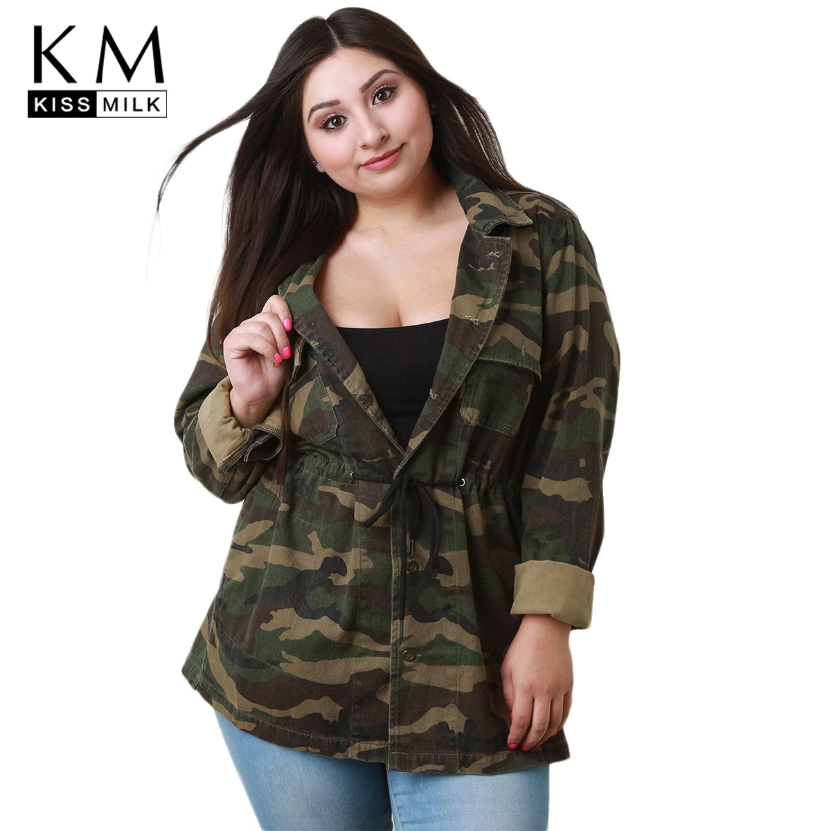 

Kissmilk 2018 Plus Size Casual Camouflage Women Coats Large Size Drawstring Female Jackets Big Size Lady Loose Outwears 3XL-7XL