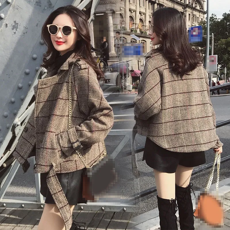 

2019 New Autumn Women Plaid Jacket Outerwear Double-Breasted Short Blends Coat Sashes Retro Thin Wool Lattice Coat