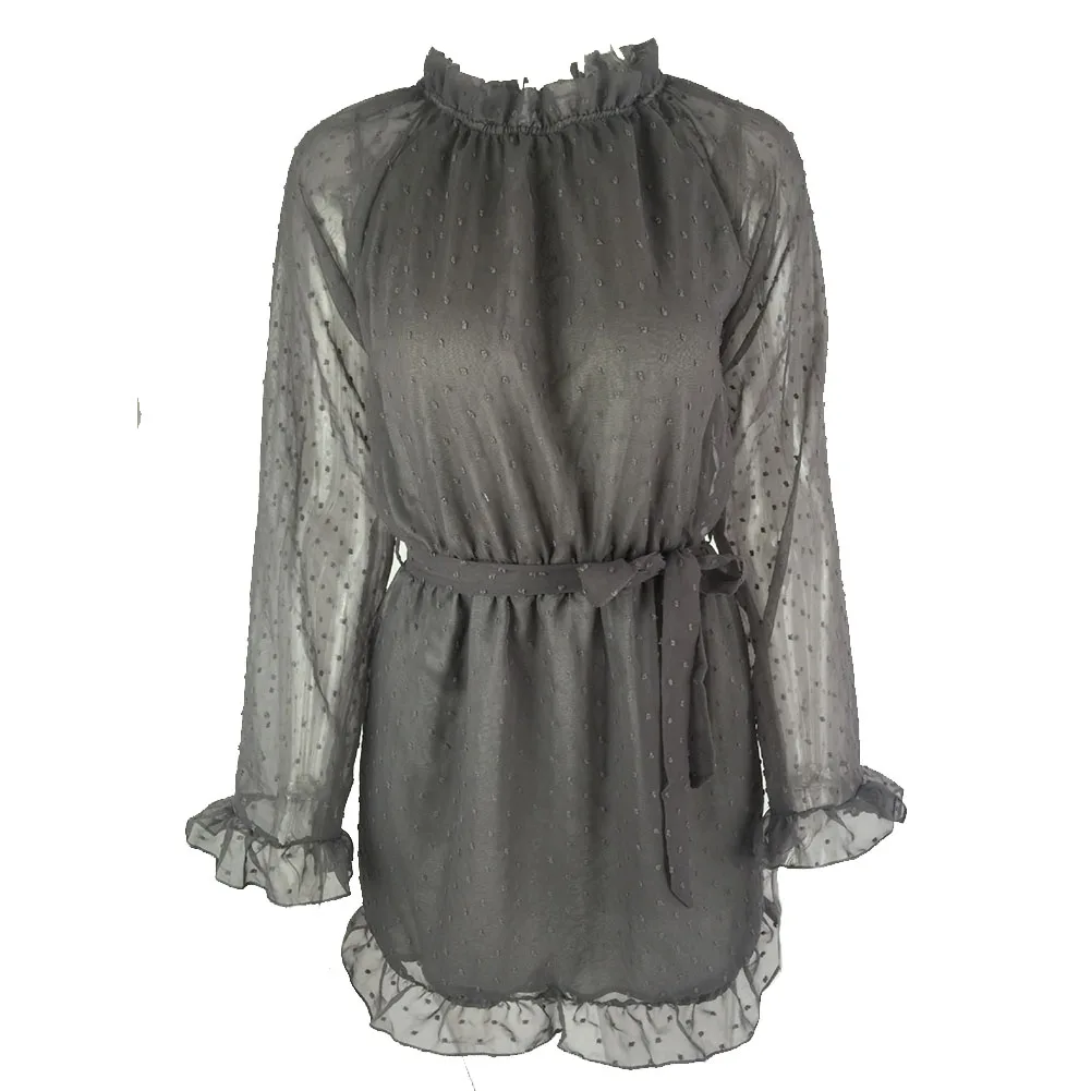 Summer Women Perspective Long Sleeve Sexy Backless Mini Dress Lace Up O-Neck Ruffles Slim Solid Dresses Dresses