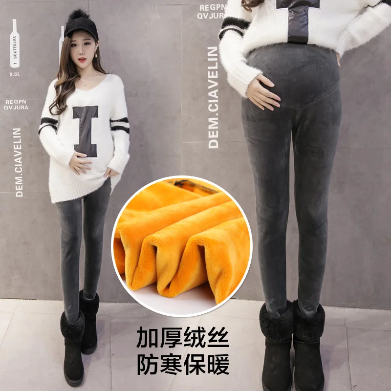 

2016 winter new wave of maternal maternity simple plus velvet thickening of pregnant women trousers care belly feet pants
