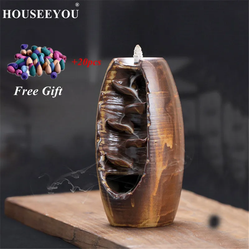 Backflow Incense Burner+ 20PCS Cones Ceramic Aromatherapy Smell Aromatic Home Office Incense Road Crafts Tower Incense Holder - Цвет: Burner