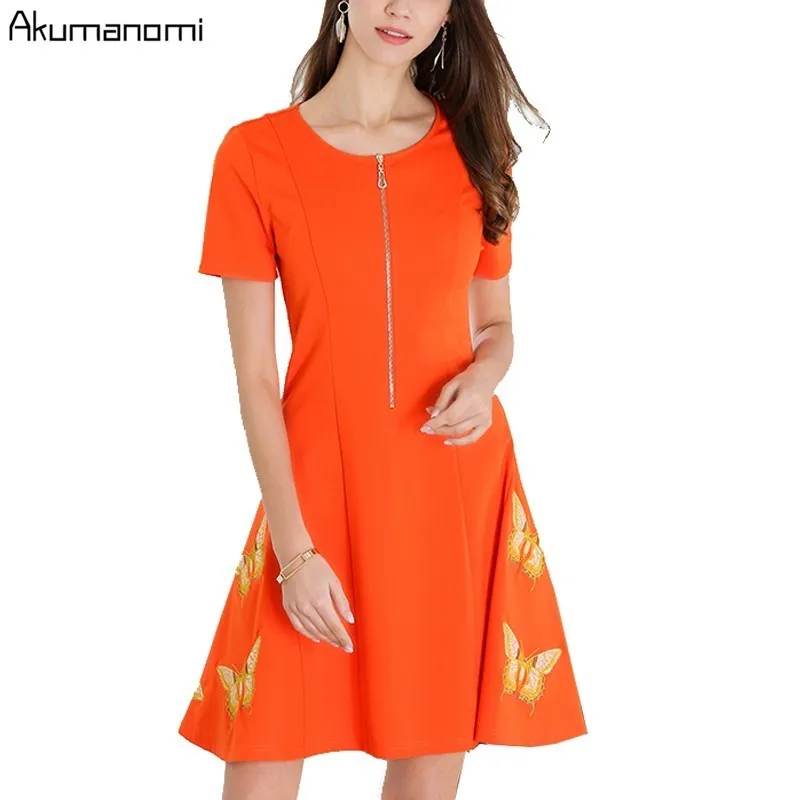 

summer Dress women clothing Orange black o-neck Short sleeve zipper Butterfly embroidery dress Plus Size 5XL 4XL 3XL 2XL XL L M