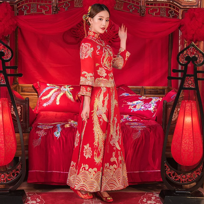 Новое китайское традиционное шоу платье вечерняя одежда свадебное винтажное китайское платье Чонсам с длинным рукавом платье с драконом robe de mariee