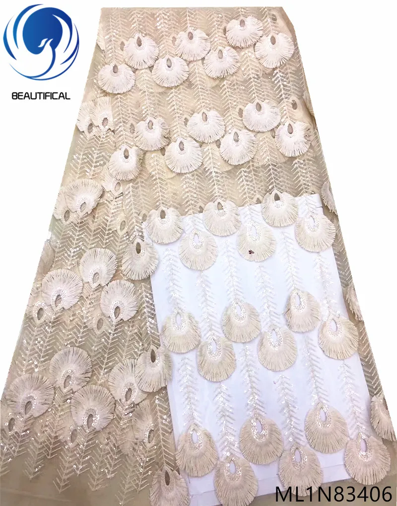 

BEAUTIFICAL 3d french lace fabric 3d tassels lace fabric with beads embroidery sequins Fashion nigerian net lace 5yards ML1N834