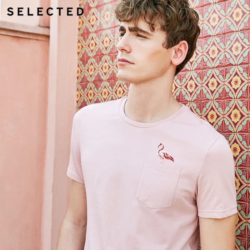 

SELECTED Men's 100% Cotton Flamingo Embroidery Round Neckline Short-sleeved T-shirt S|419201606