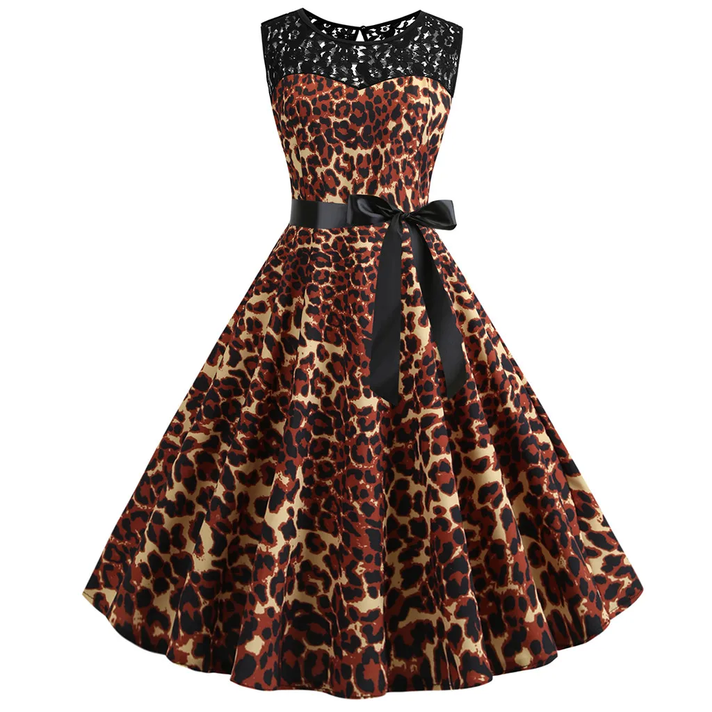

Girl clothing Women Vintage 1950s Retro Sleeveless Lace Splice Leopard Party Prom Swing Dress Women Shoulder Party Dropship#5