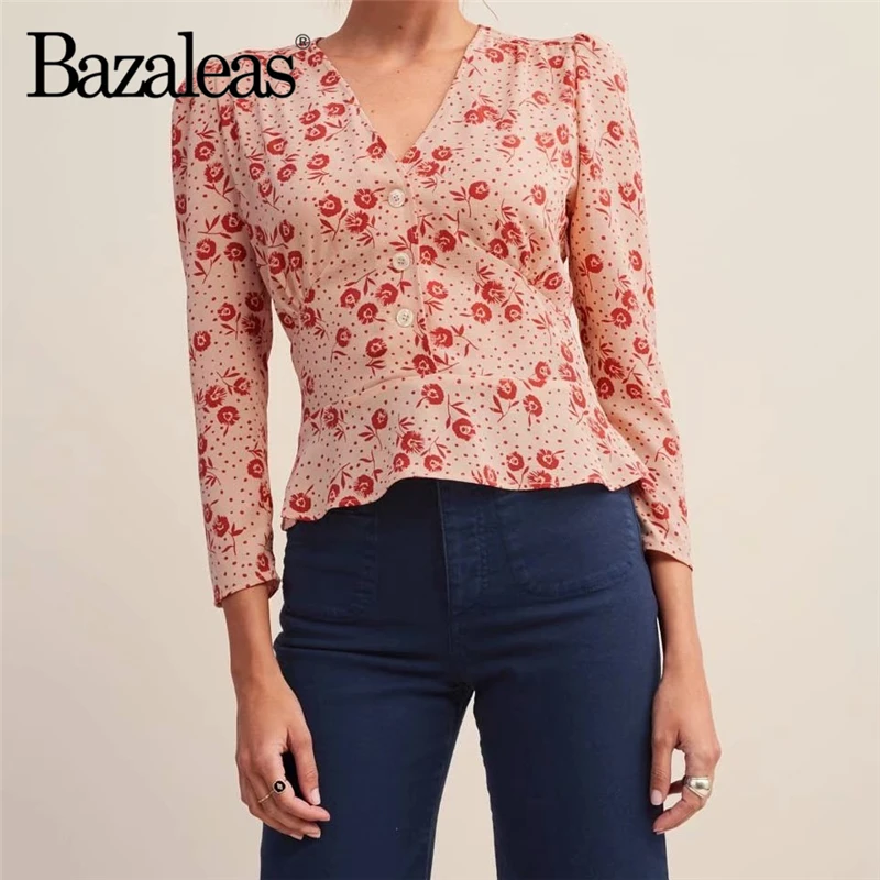 Bazaleas/Винтажные топы с оборками, blusa feminina, центральные значки, blusas, модная блуза с принтом розы, Женская Прямая поставка