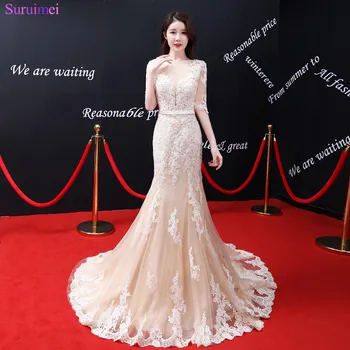 

High Quality Half Sleeves Evening Dresses Light Champagne Lace Applique Sheer Illusion See Through Backless Marmaid Evening Gown