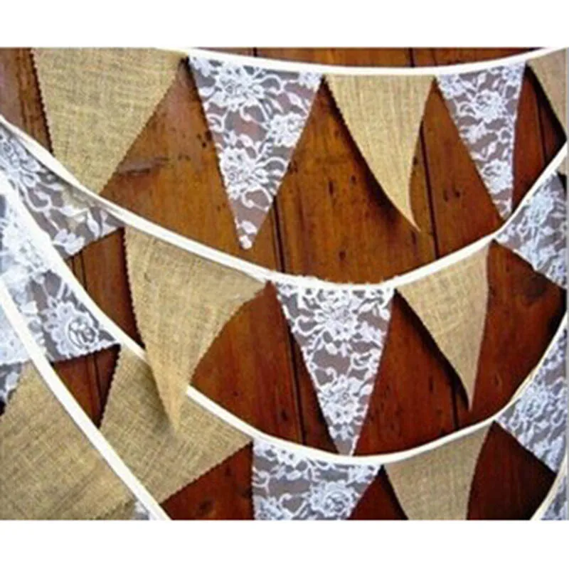 

Linen Bunting Trilateral Flags White Lace Flower Pennant Party Garland valentine's Day Decoration Wedding Decoration