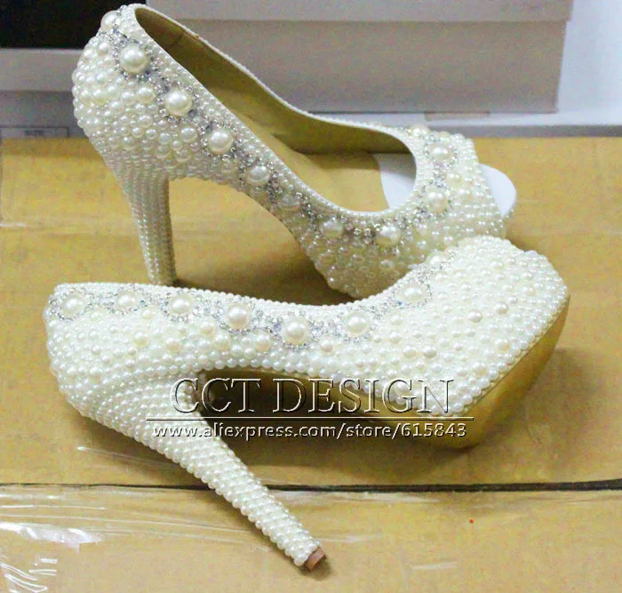 handmade new arrival fashion girls peep toe platforms silver rhinestone and white ivory pearls wedding shoes bridal high heels