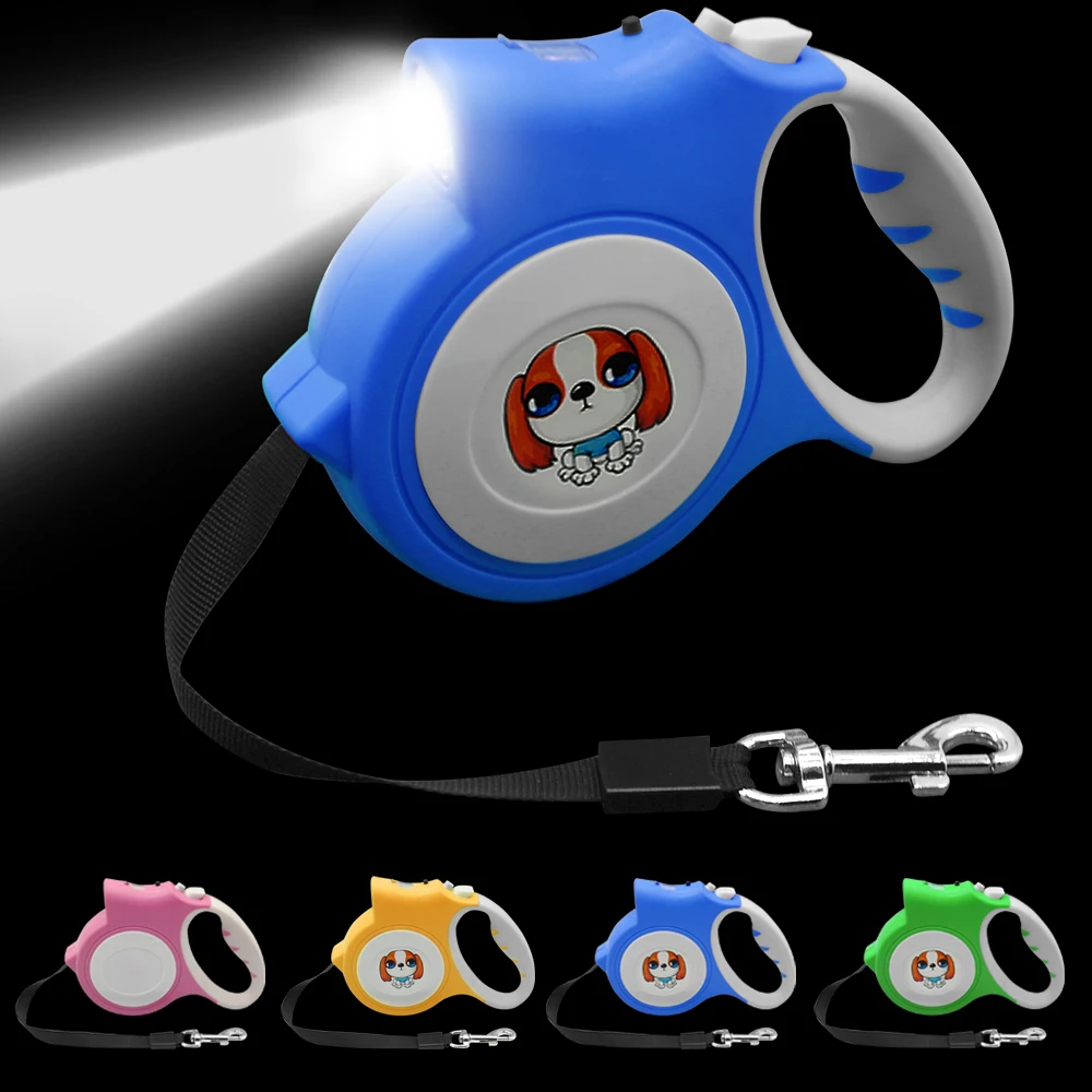 

5M Retractable Dog Leash With Light Extending Puppy Walking Leads Night Safety Leashes For Chihuahua Pink Yellow Colors