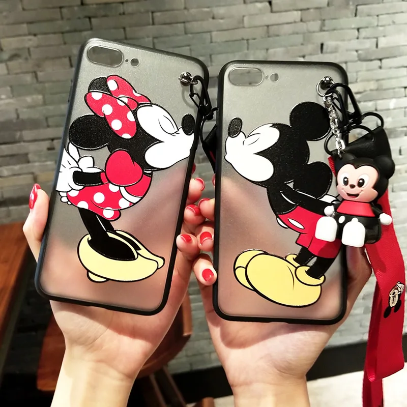 2pcs Mickey Minnie couple case for iPhone 6/6s plus, cute cartoon hard back cover for iPhone X 7/8 plus + strap + phone holder
